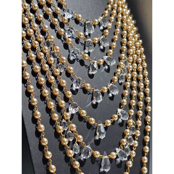 Miriam Haskell 8 Tiered Crystal Gold Pearl Runway Showroom Statement Necklace - Picture 10 of 16